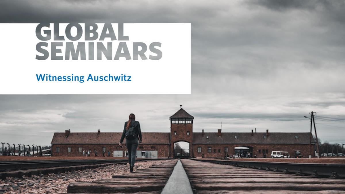 Woman on former train tracks at Auschwitz Birkenau Concentration Camp UBC Global Seminar poster